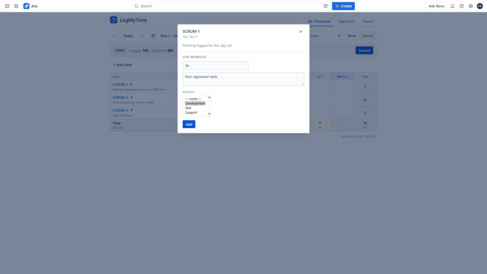 LogMyTime cell editor with Activity dropdown inside the Jira timesheet grid